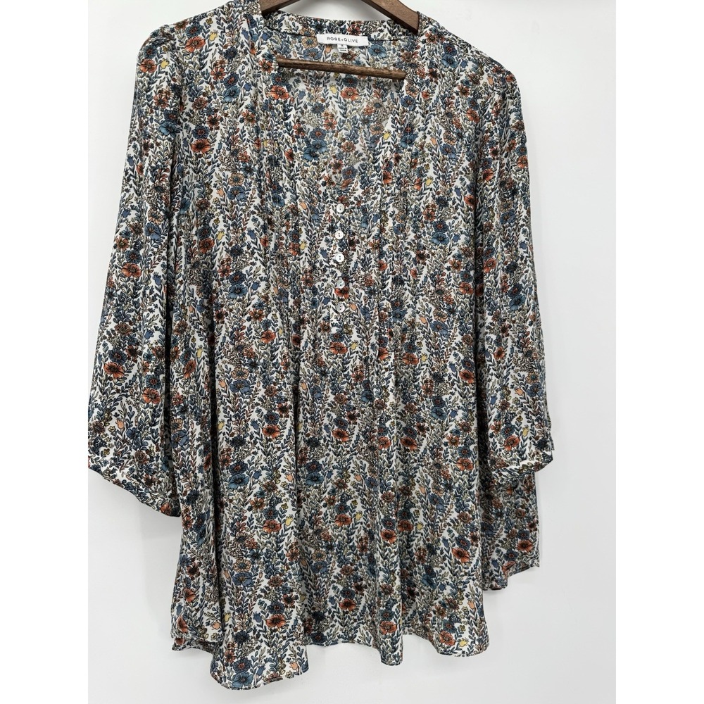 Rose & Olive Button Up Top Plus 1X Pleated Blouse V-Neck Cottagecore Boho 3/4th - Picture 2 of 10